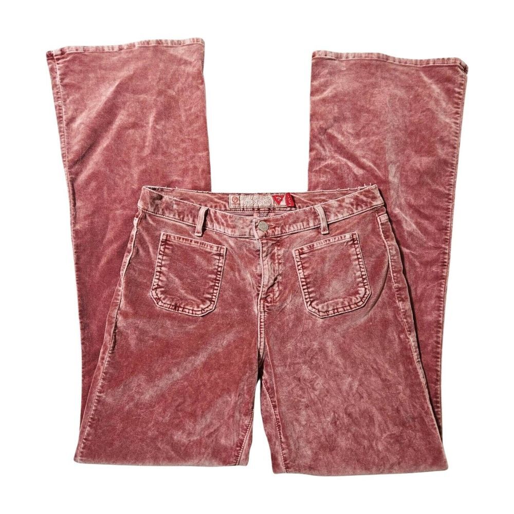 Vintage Guess Jeans USA Pink Velour Flare Front Pocket Stretch Women's 31